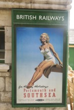 Vintage British Railways rail advertising poster, Swanage railway station, Dorset, England, UK