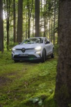 White car driving through a light forest with sunbeams between the trees, Renault Megane, Deer E