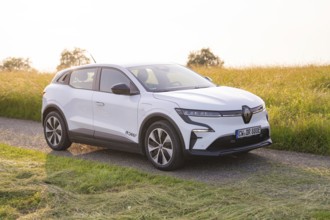 White car parked on a road near a field, Renault Megane, Deer E Carsharing, electric car, Calw,
