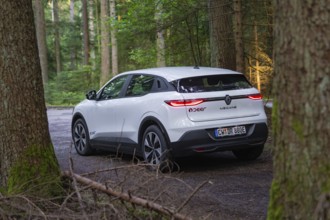 Back of a white car in the forest, Renault Megane, Deer E Carsharing, electric car, Calw, Black