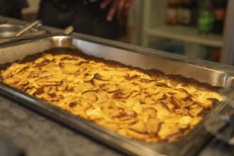 A baked potato casserole in a large tray, baked golden brown, event and wedding location Kloster