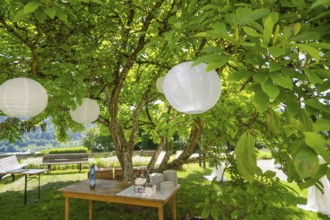 Summer garden with table, crockery and decorative white lanterns under a tree, event and wedding