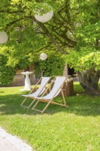 Two deckchairs in the shade of a tree on a green meadow, ideal for relaxation, event and wedding