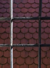 View through bars onto a red shingle roof, house roof, detail, Steyr, Upper Austria, Austria