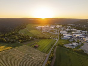 Aerial view of a landscape at sunset with fields and buildings in hilly surroundings, Calw, Black