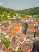 Panorama of a historic town with tiled roofs and a church in the centre, Calw, Black Forest,