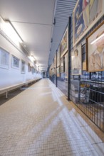 Long corridor in a gallery, lined with works of art on the walls, historical art exhibition in the