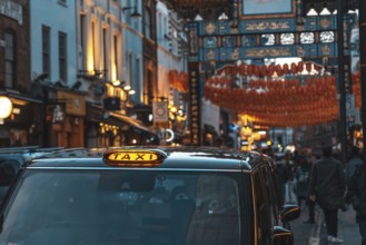 Black taxi cab parked on a london street adorned with chinese lanterns during chinese new year