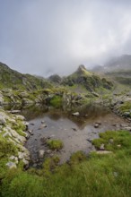 Small mountain lake, cloudy mountain peaks reflected in the lake, Schober group, Hohe Tauern