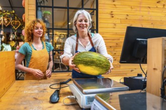 Senior greengrocer carefully weighing a fresh, organic melon in her store, assisted by a younger