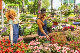 Two young women working together in a vibrant plant nursery, nurturing and tending to a variety of