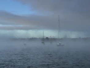 Sailing boats on Lake Starnberg with fog, Bavaria, Germany