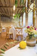 Charming wedding table decoration with fresh flowers and lemon as an accent, event and wedding