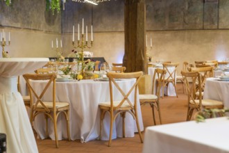 Inviting room for wedding events with elegant decoration and rustic charm, event and wedding