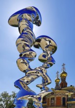 Stainless steel sculpture entitled Points of View by Tony Cragg with Russian Chapel, Mathildenhöhe,