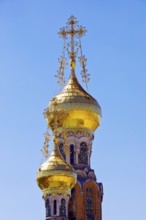 Gilded domes of the Russian Chapel, Mathildenhöhe, Darmstadt, Hesse, Germany