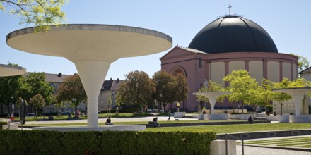 Georg-Büchner-Platz with white concrete mushrooms and St Ludwig's Church, public square, Darmstadt,