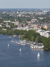 Aerial view of the Outer Alster with sailing ships and view of the rowing club Allemania from 1866
