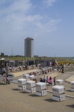 Beach chairs on the promenade, people, elevated position, family lagoon, Perlebucht, Büsum, North