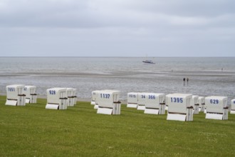 Beach chairs on the green beach, walker on the mudflats, fishing boat, Büsum, North Sea,