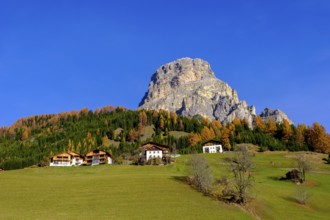 Farmhouses under the Sassongher, near Colfosco, Alta Badia, Val Badia, Dolomites, South Tyrol,