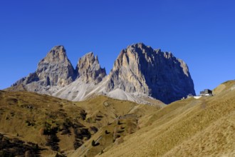 Sassolungo, Sassopiatto from the Sella Pass, Dolomites, South Tyrol, Italy
