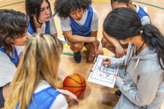 Female basketball coach drawing a play on a whiteboard and explaining game strategy to her young