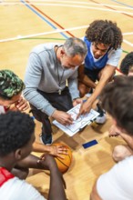 Basketball coach discussing game strategy with team players during a timeout on the court,