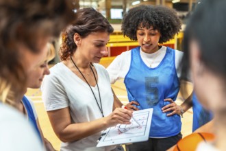 Basketball coach explaining game strategy to her team using whiteboard, during training in the