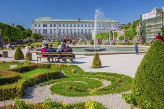 Fountain in Mirabell Gardens with Mirabell Palace, Salzburg, Salzach Valley, Salzburg Province,