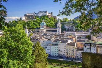 Panoramic view from the Kapuzinerberg to the historic city centre with Hohensalzburg Fortress,