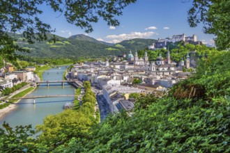 Panoramic view from the Mönchsberg with the Salzach, the churches of the old town and the