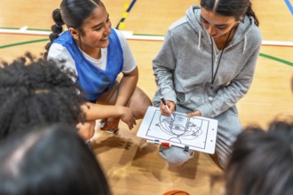 Female basketball coach drawing a play on a clipboard and explaining game strategy to her team