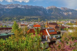 City view with Wilten Abbey in front of the northern chain of the Karwendel Mountains, Innsbruck,