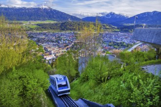 Funicular railway to Hungerburg with views of the city, Patscherkofel 2246m and Serles 2717m,