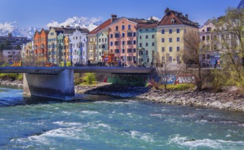 Coloured house front on the banks of the Inn, Innsbruck, Inn Valley, Tyrolean Alps, Tyrol, Austria