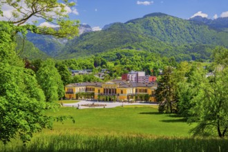 Imperial park with imperial villa in spring, Bad Ischl, Trauntal, Salzkammergut, Upper Austria,