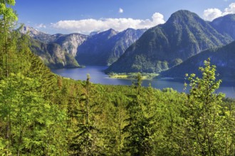 Panoramic view of the lake and the Dachstein foothills, Bad Goisern, Lake Hallstatt, UNESCO World