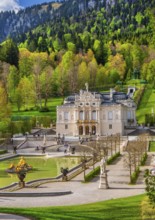 Water parterre with the portal of Linderhof Castle in spring, municipality of Ettal, Ammergau Alps,