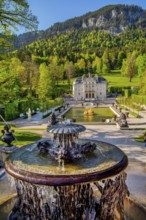 Fountain at the Temple of Venus with the water parterre of Linderhof Castle in spring, municipality
