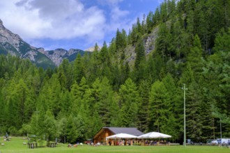 Baita Spiaggia Verde on the Boite river, near Cortina d'Ampezzo, Dolomites, Trentino, Italy