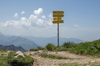 Hiking signpost on the Nebelhorn, Oberstdorf, Allgäu Alps, Oberallgäu, Bavaria, Germany