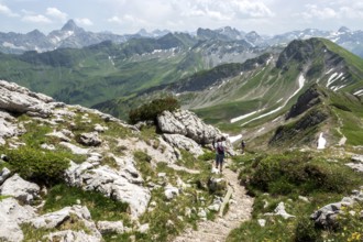 Hiking trail, view of the Allgäu Alps from the Nebelhorn, Hochvogel in the background, Oberstdorf,