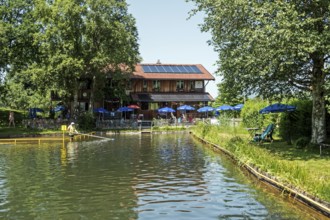 Natural outdoor pool, moor swimming pool, Moorstüble at the back, Reichenbach, near Oberstdorf,