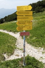 Hiking signpost on the Nebelhorn, Oberstdorf, Allgäu Alps, Oberallgäu, Bavaria, Germany