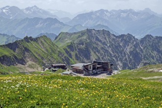 Edmund-Probst-Haus and Höfatsblick mountain station of the Nebelhornbahn, mountains of the Allgäu