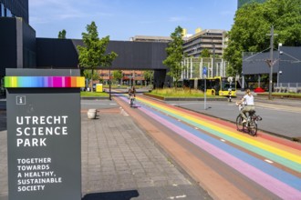 Rainbow cycle path through the university campus in Utrecht Science Park, 570 metres long, Utrecht