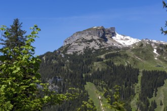 Striking mountain range of the Hohe Ifen and its Gottesacker plateau with snow in spring,