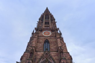 Freiburg Minster, Imposing Gothic church tower made of red stone with clock and windows, Freiburg