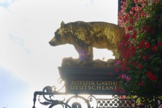 A golden bear sculpture above a historic sign, Germany's oldest inn, Freiburg im Breisgau, Black